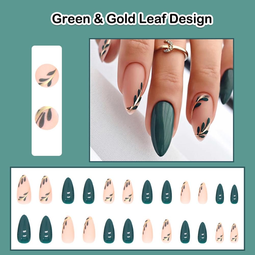 Press on Nails Almond Short Medium Green Fake Nails with Gold Leaf Design fak…