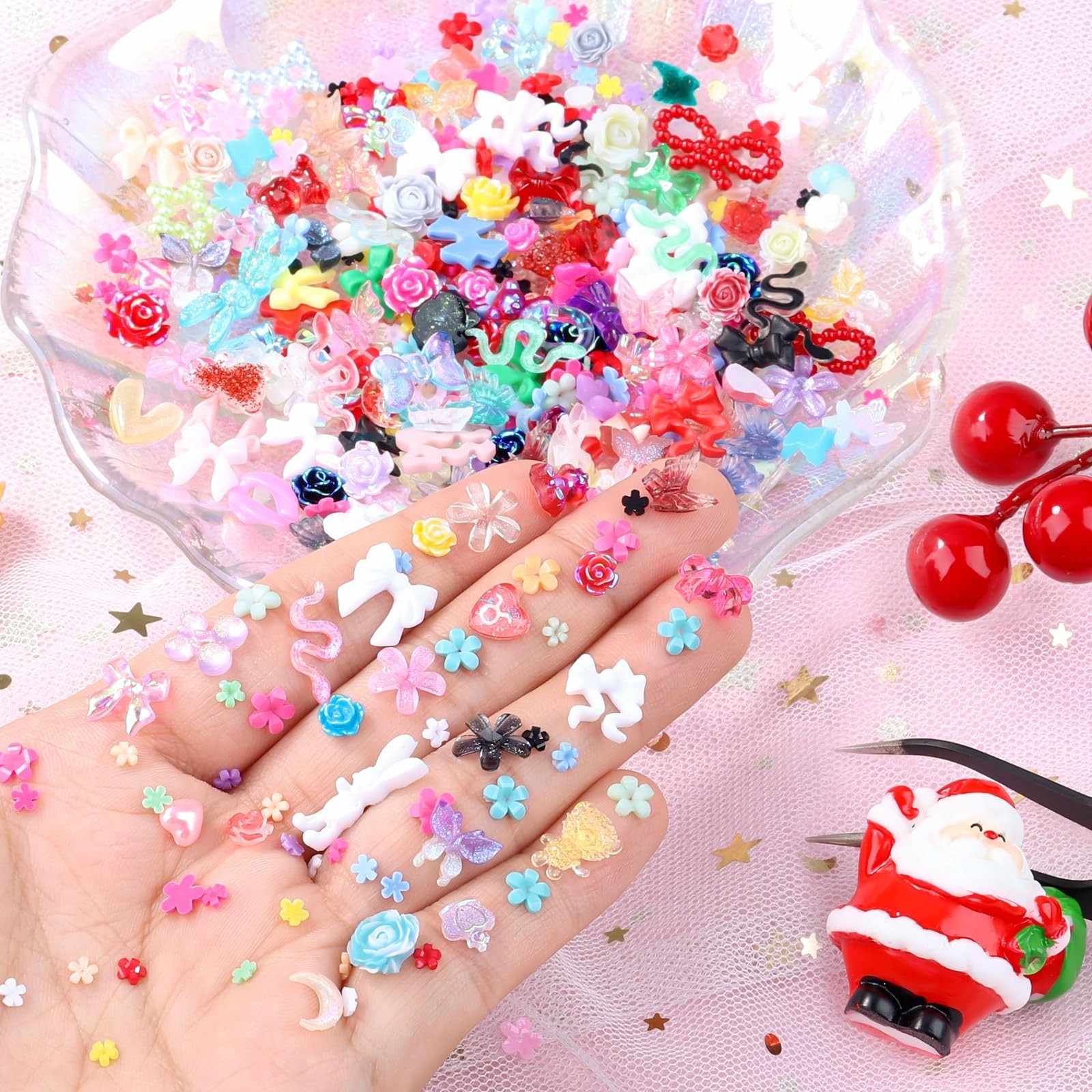 300 Pieces 3D Mix Assorted Resin Nail Charms Hollow Pearl Heart Nail Art Charms