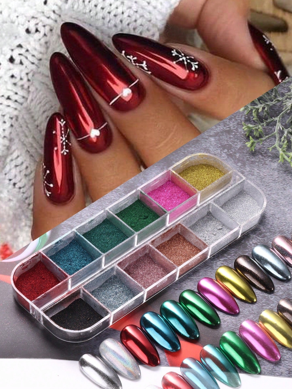 =Sugar Nail Glitter Powder, 12 Grids Iridescent Sandy White Color Nail Glitter