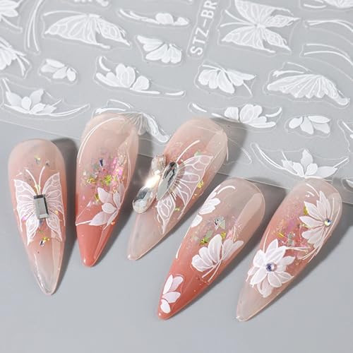 White Lace Flower Butterfly Nail Art Stickers 3D Flower Nail Stickers for Nail