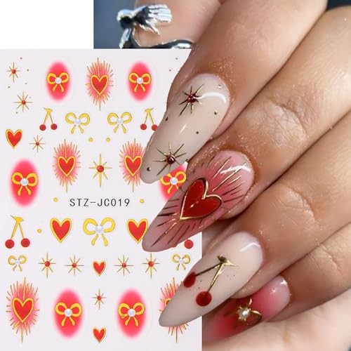 Valentine’s Nail Art Stickers Red Heart Nail Decals 3D Self Red Love Heart Bow