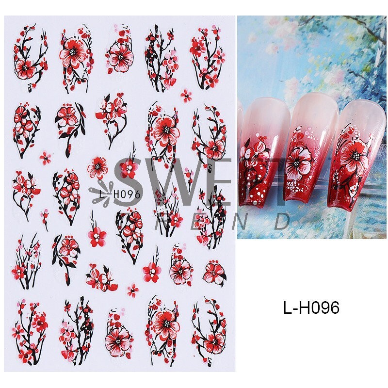 3Sheets Red Nail Art Stickers Decals Hibiscus Cherry Flowers Floral Wasp NH28