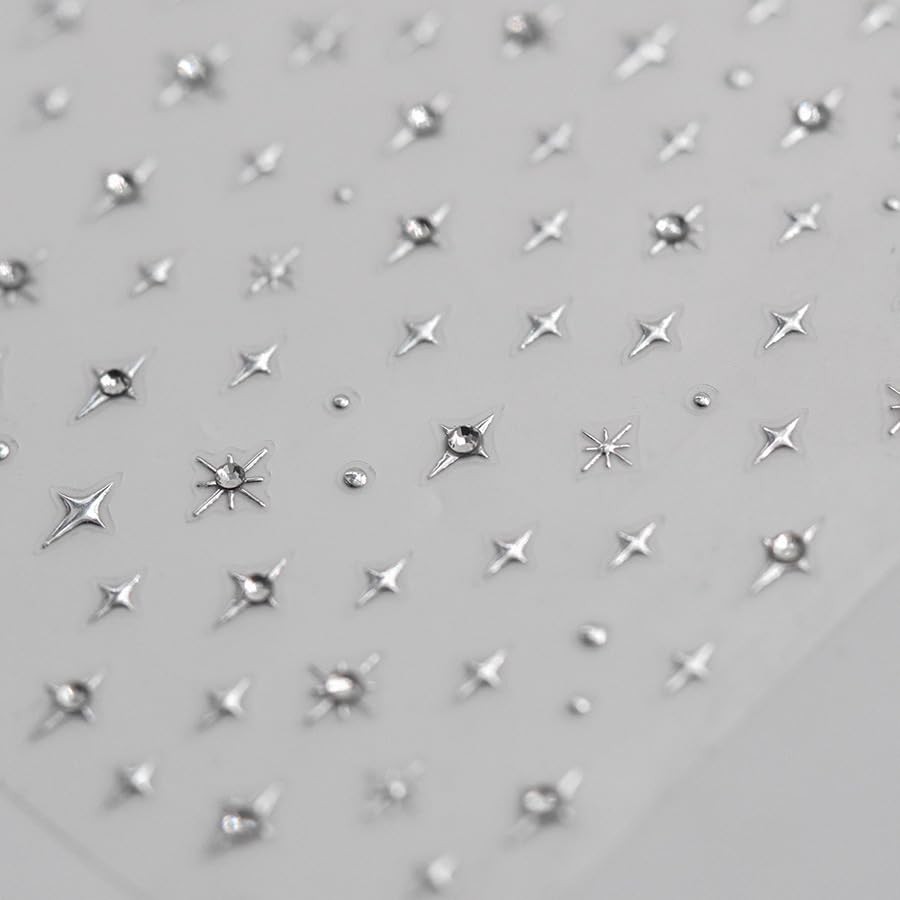 1Sheet Silver Star Nail Decals 5D Embossed Self-Adhesive Diamond Star y2k star