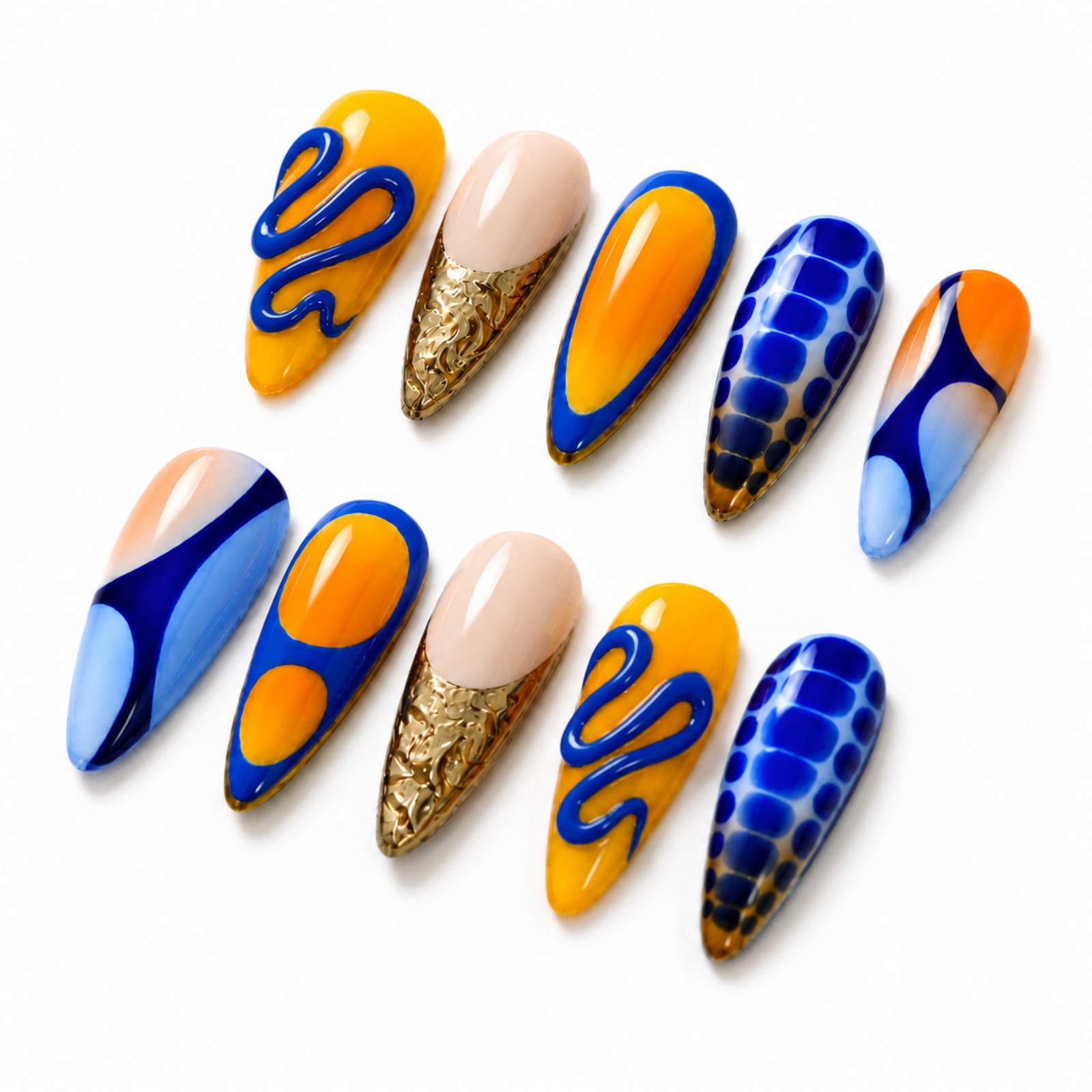 Handmade Blue Orange Gold Abstract Press On Nails Custom Size Set