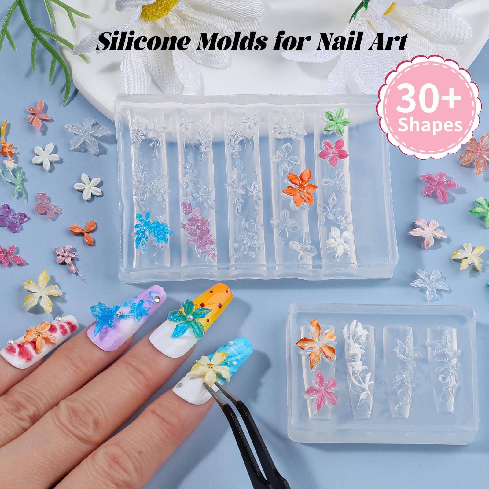 2 Pcs Flower Silicone Nail Art Molds, 3D Spring Summer Flowers Nail Charms Mo…