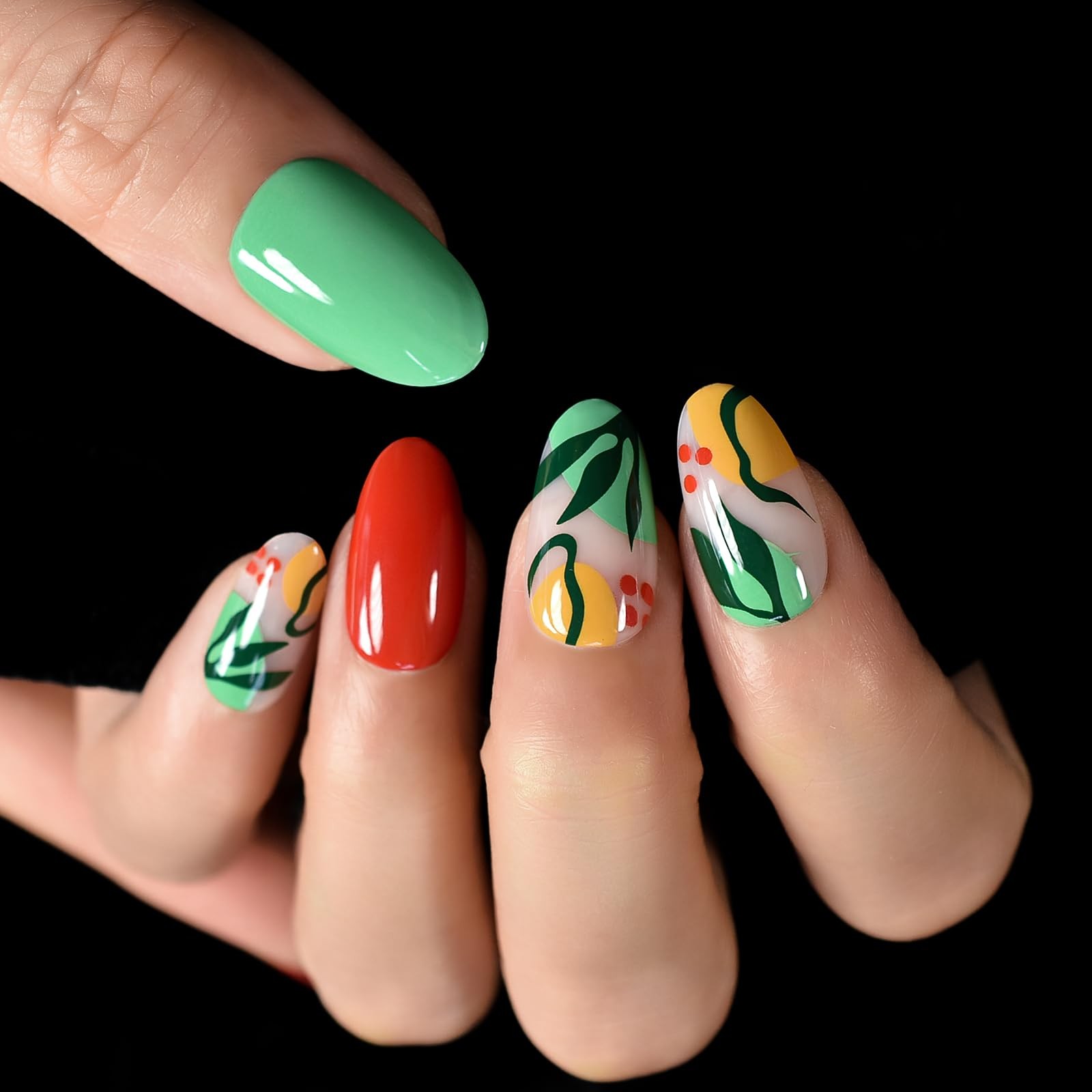 Pre-design Press On Nails Glossy Green Red False Nails Medium Long Nail Art T…