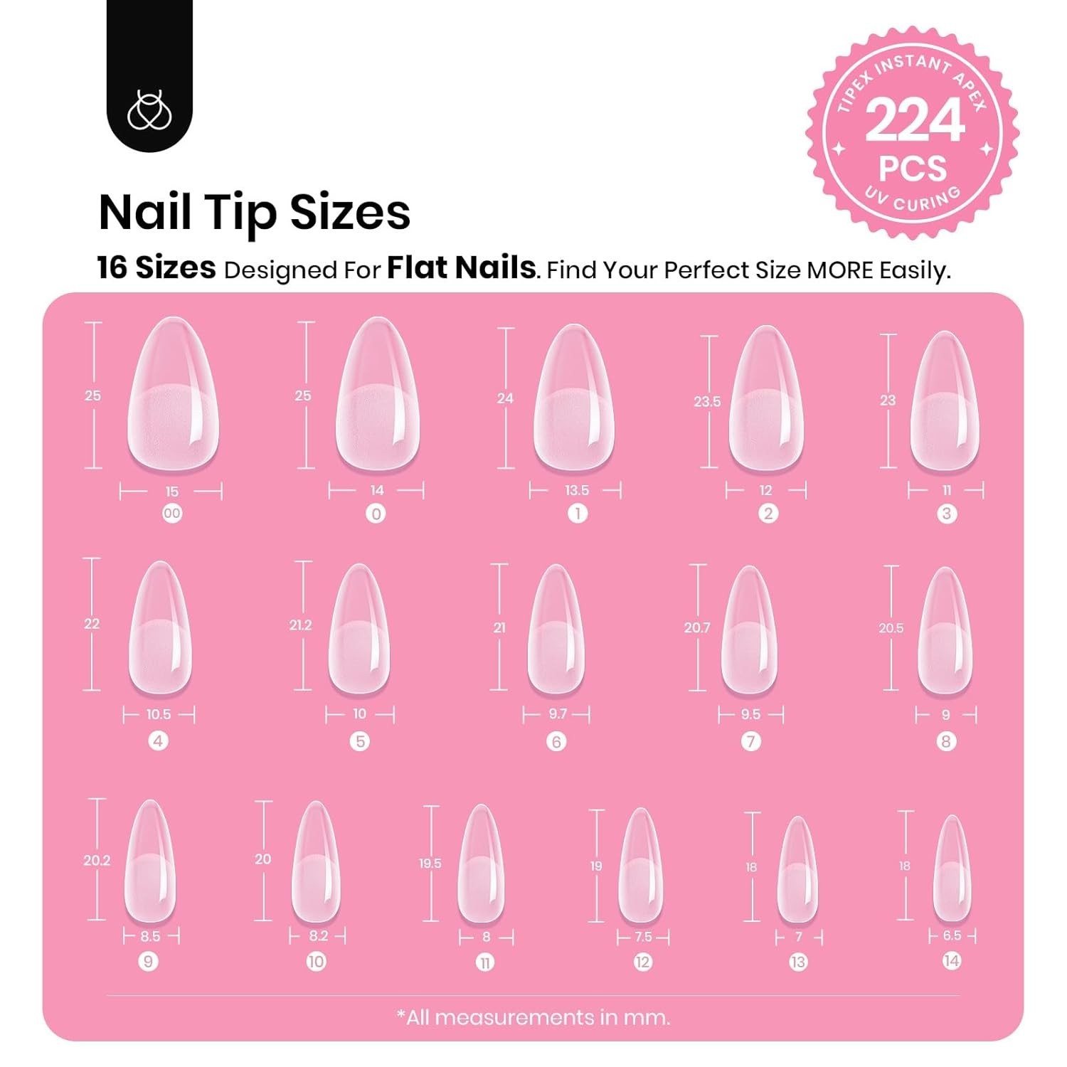 Beetles Tipex Instant Apex Nail Tips Kit, Medium Almond, 224PCS 16 Sizes 00-1…