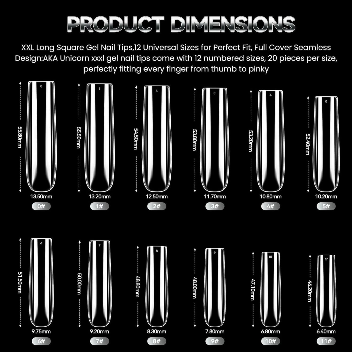 240Pcs Soft Gel Nail Tips, Long Square Full Cover Nail Extensions Kit 12 Sizes