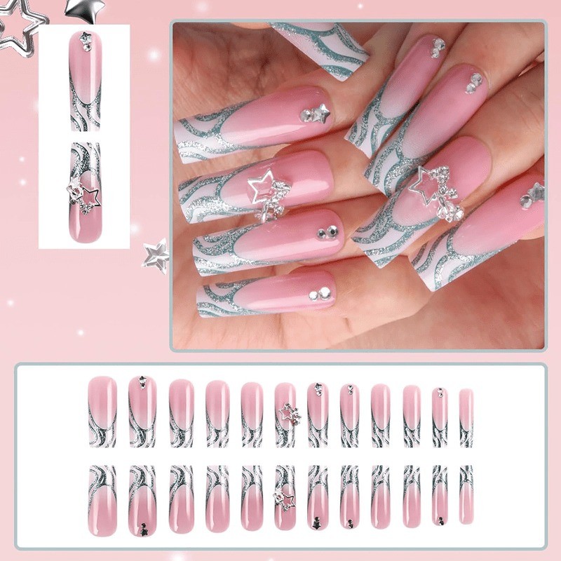 48 Sweet Pink Silver Star Fake Nails Removable Fake Nail Art, Suitable for Women