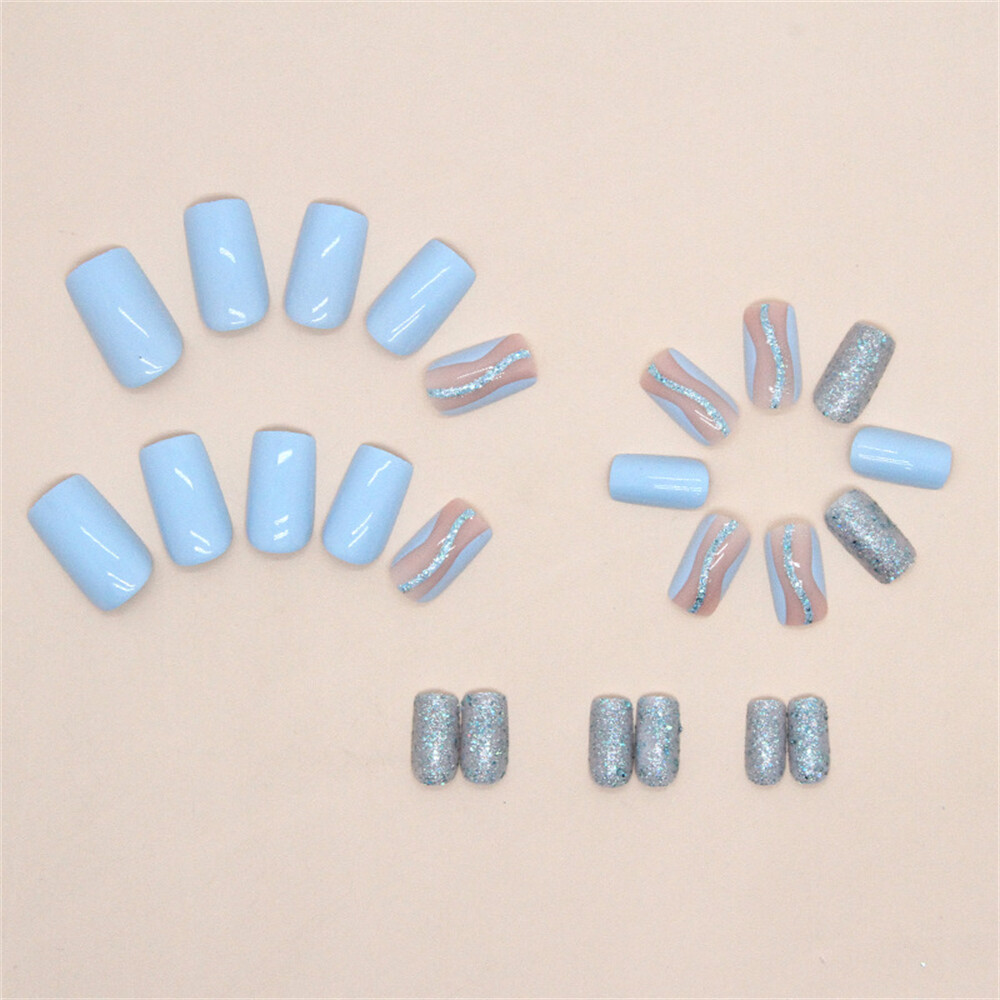 Light Blue Waves False Nail Medium Square Press on Nails for Nail Art 24pcs