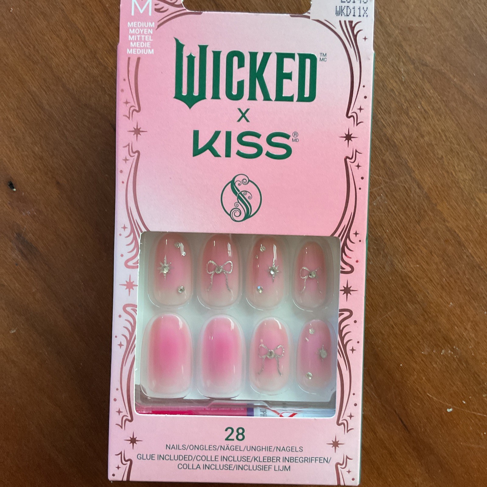 Wicked x KISS Nails Pink W/ Rhinestones & Designs Set 28 Nails Glue Included Med