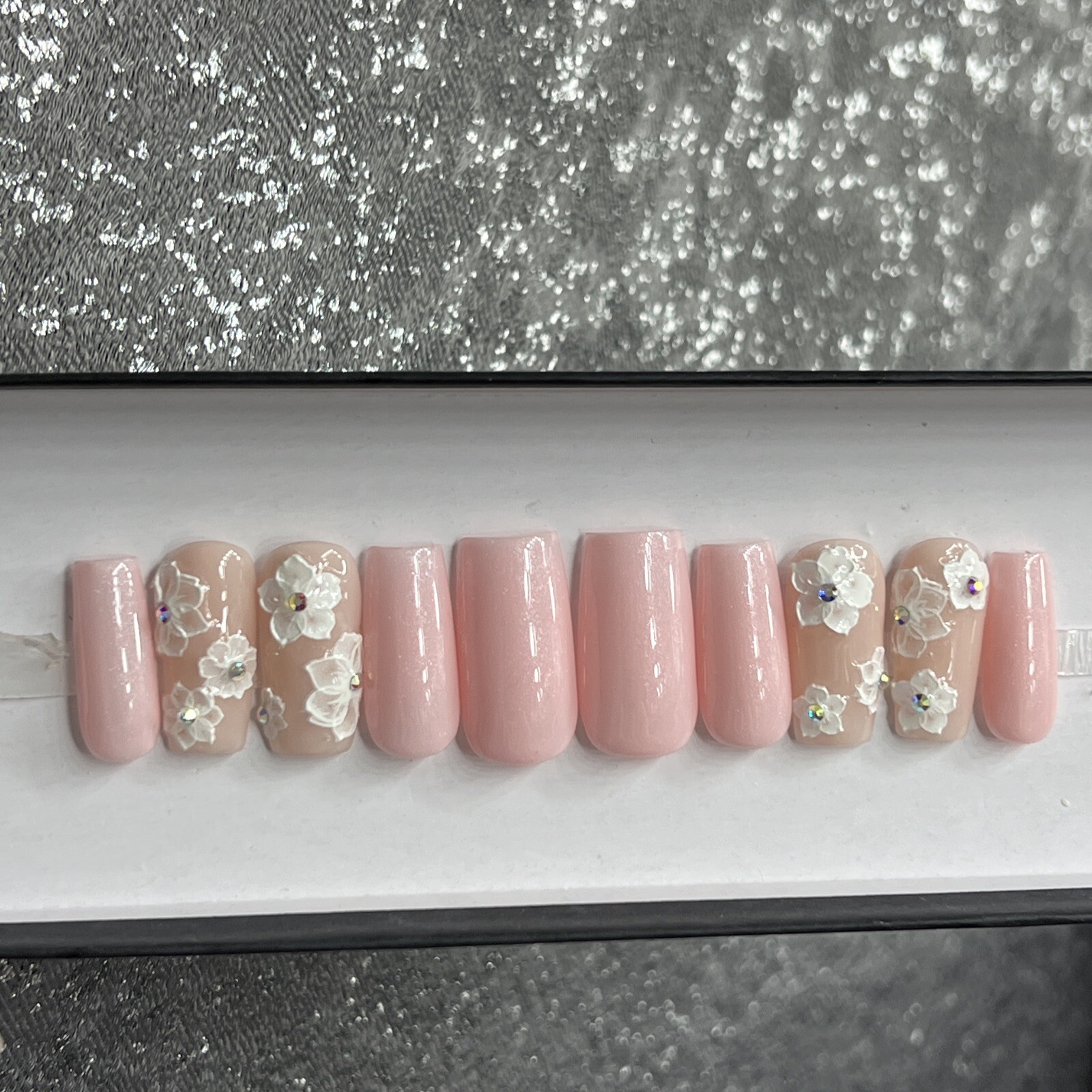 🤍 CUSTOM Hard Gel Press On Nails, Flower Pink Nude BLING 10p FULL SET W Kit