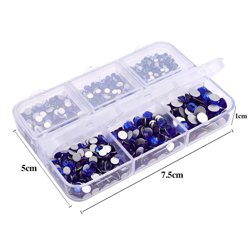 1 Box of 2000pcs Flatback Glass Rhinestones in 6 Sizes for Nail Art & Crafting