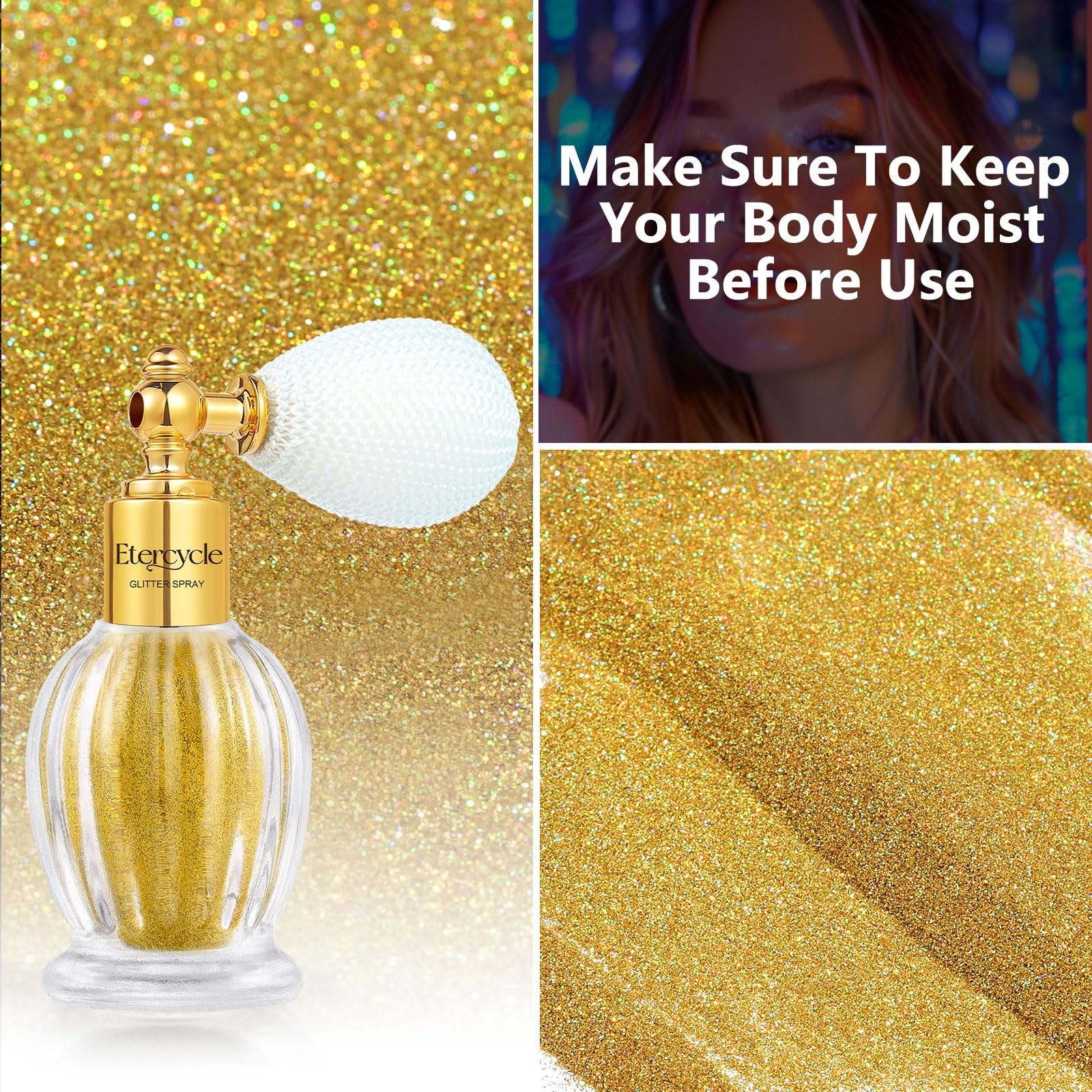 Hair Glitter Spray, Gold Body Glitter Spray Fine Face Shimmer Powder,