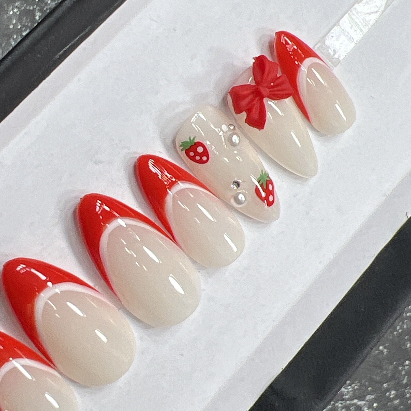 🍓 CUSTOM Hard Gel Press On False Nails, Strawberry 10p Set Medium Almond W Kit
