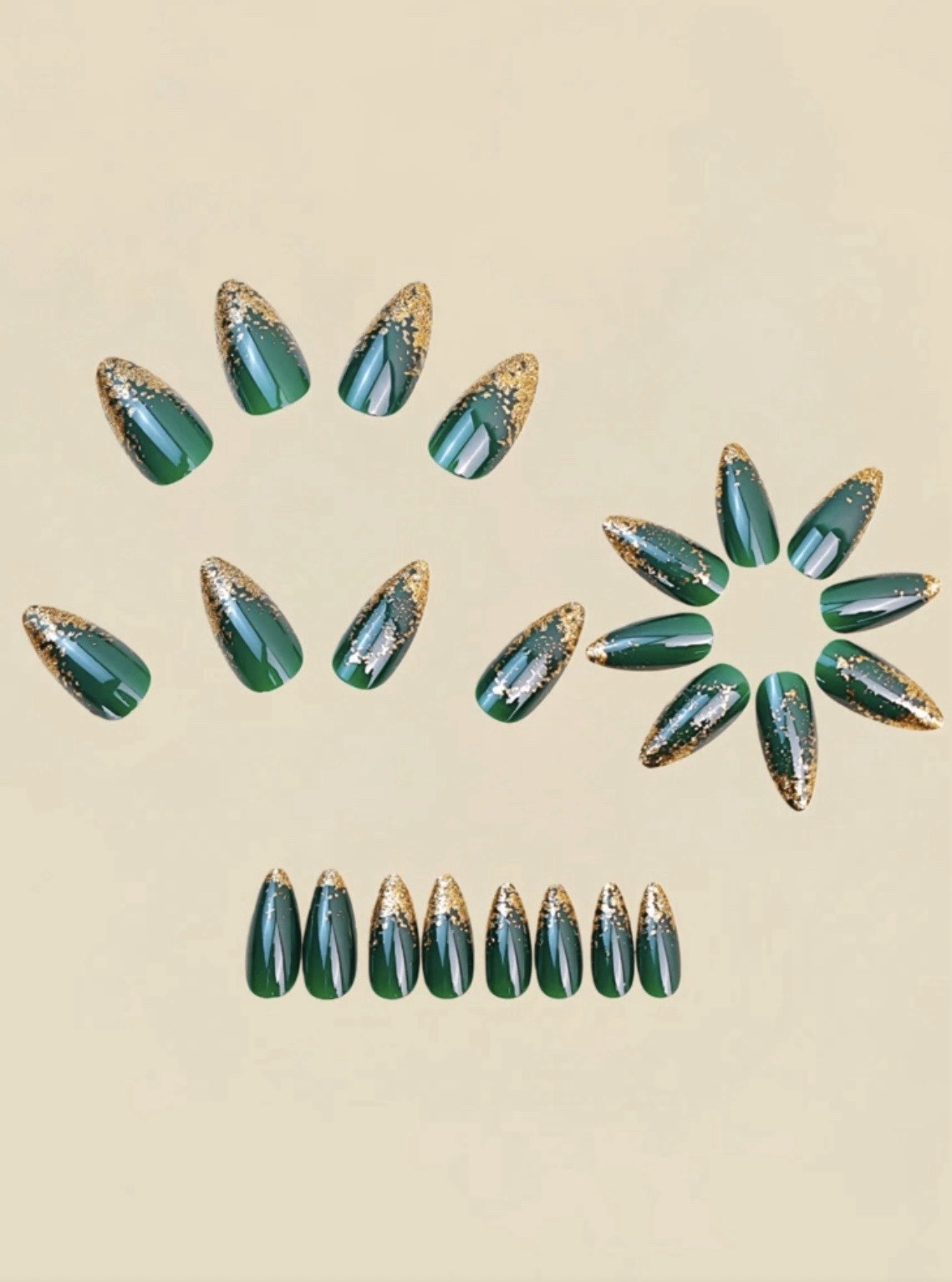 Reusable Self-Adhesive Press-On Nails Long Almond Green/Gold Glitter