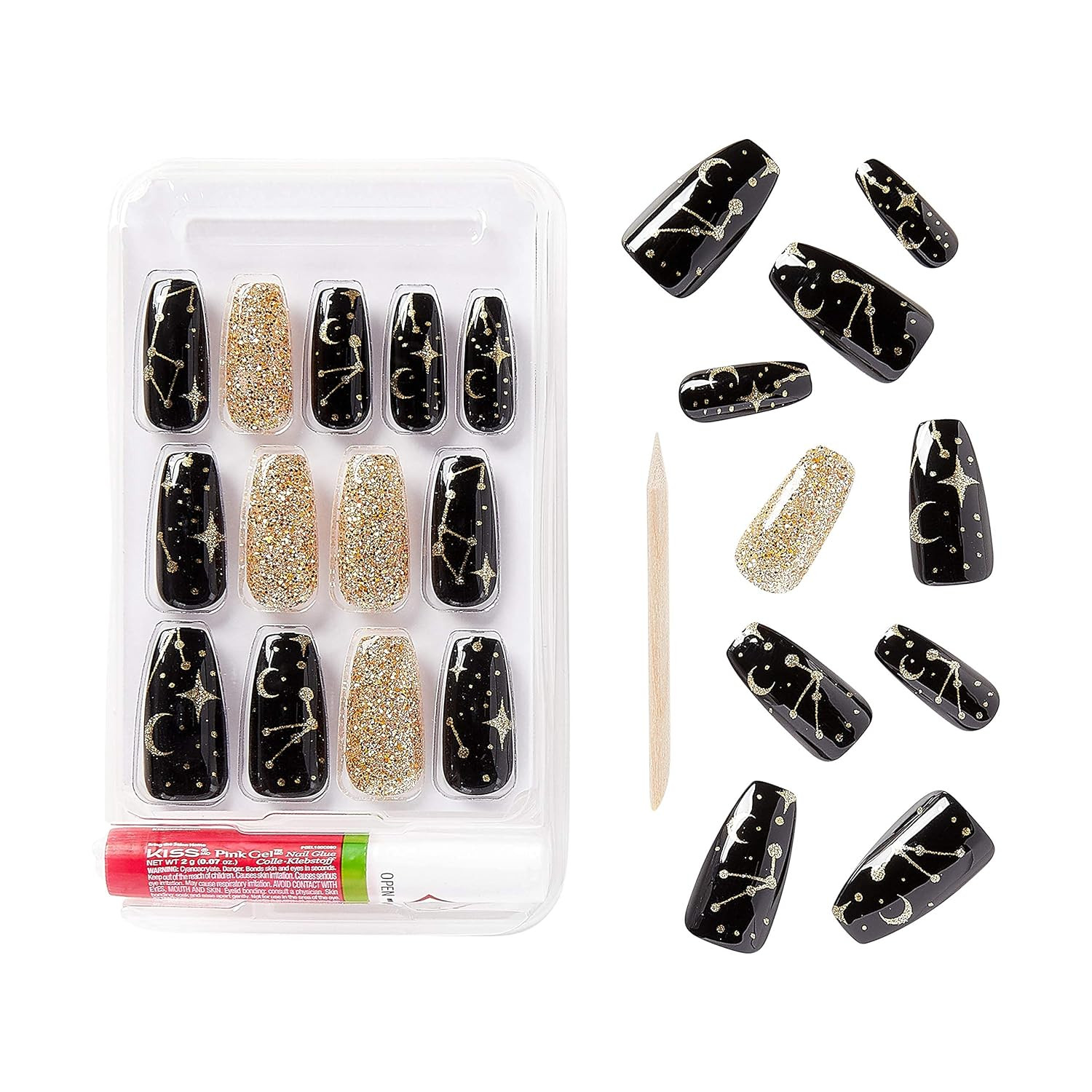 Gold Finger Gel Glam Press on Design Nail Kit, Black and Gold Artsy Design, Poli