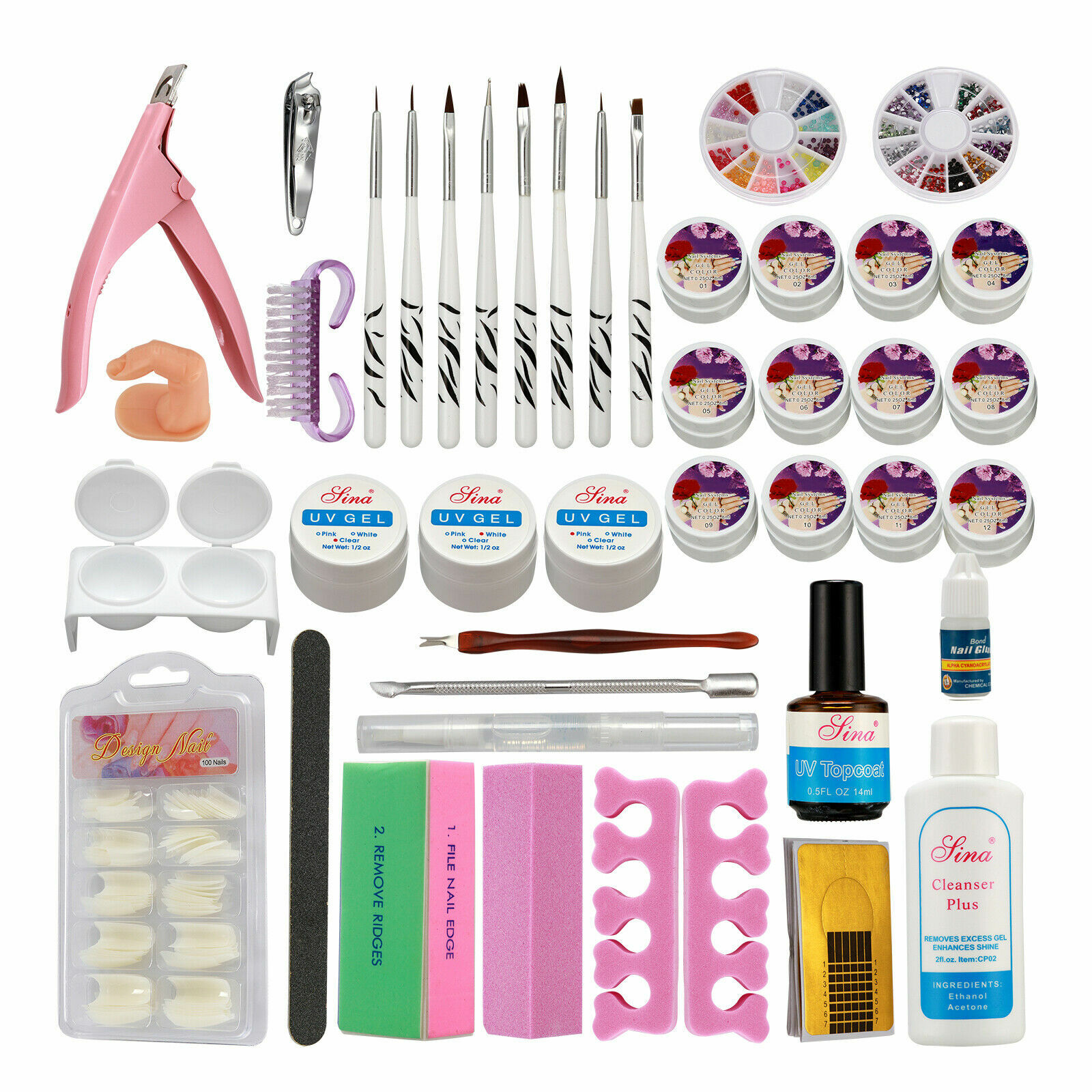 UV Lamp Pink w/12 Color UV Gel Acrylic Nail Art Tips Brush Tool Kits Set Pro 36W