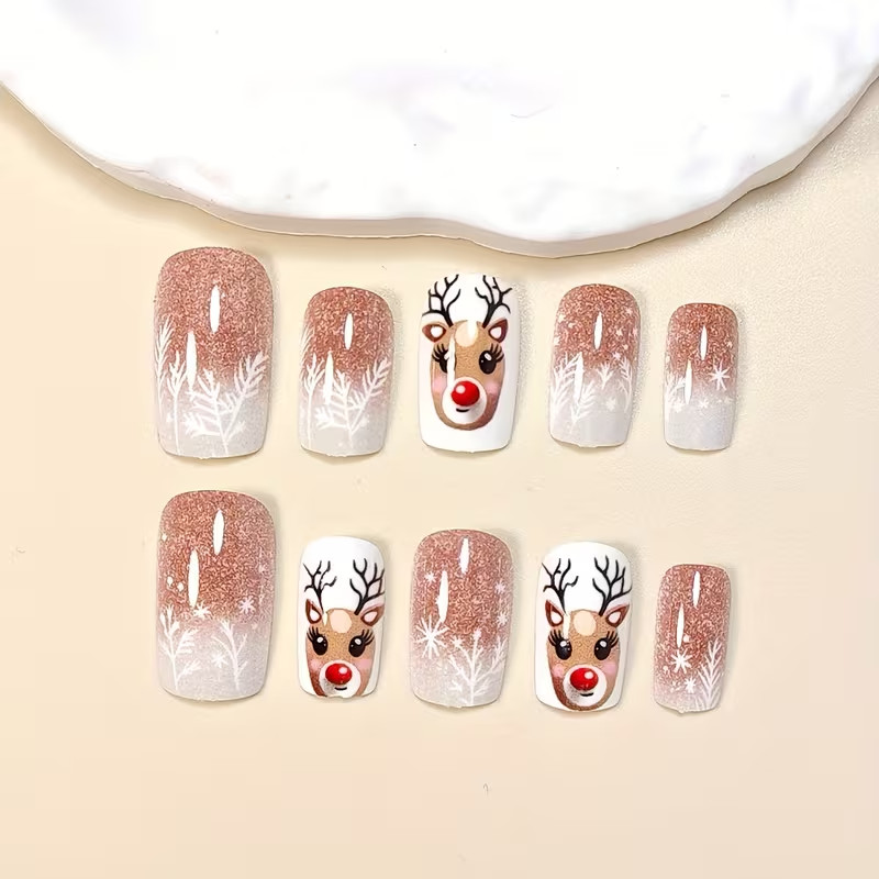 Christmas Reindeer Snowflakes Reusable Press-On Nails Medium Length 24 Pieces
