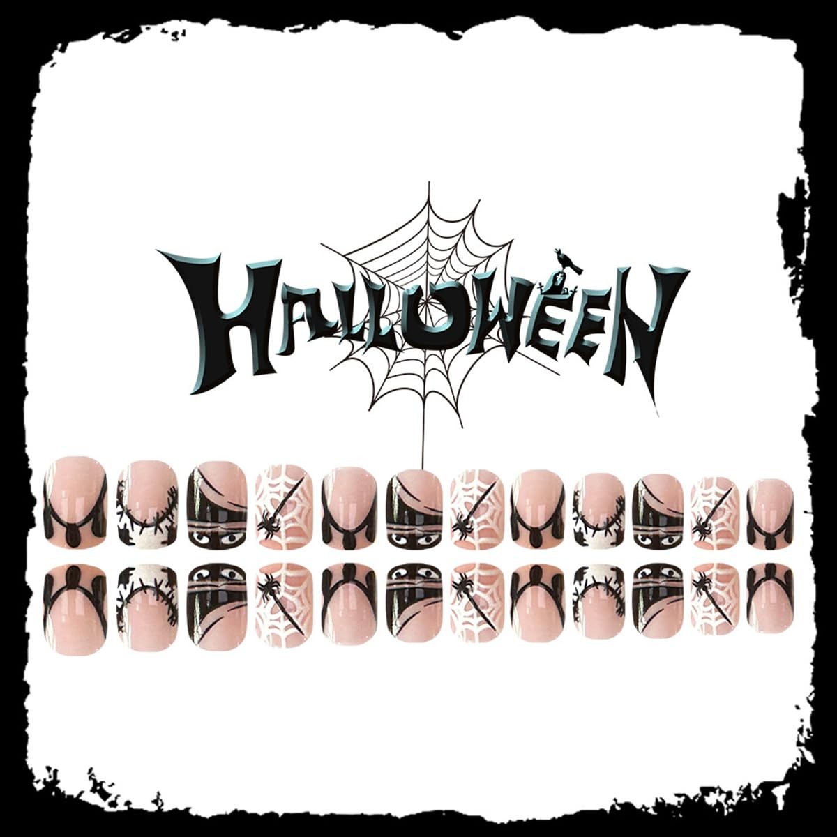 24Pcs Halloween Press on Nails Short Square Black Eye French Fake Nails Cute …