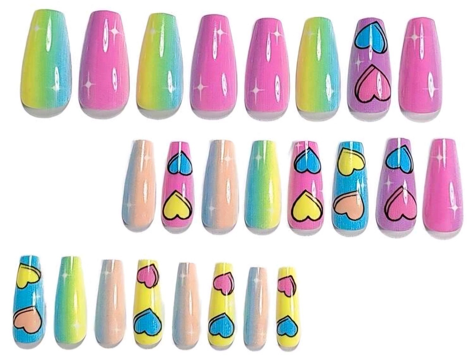 Press-On Nails Candy Hearts Bright Pastel Pink Yellow Medium/Long Coffin