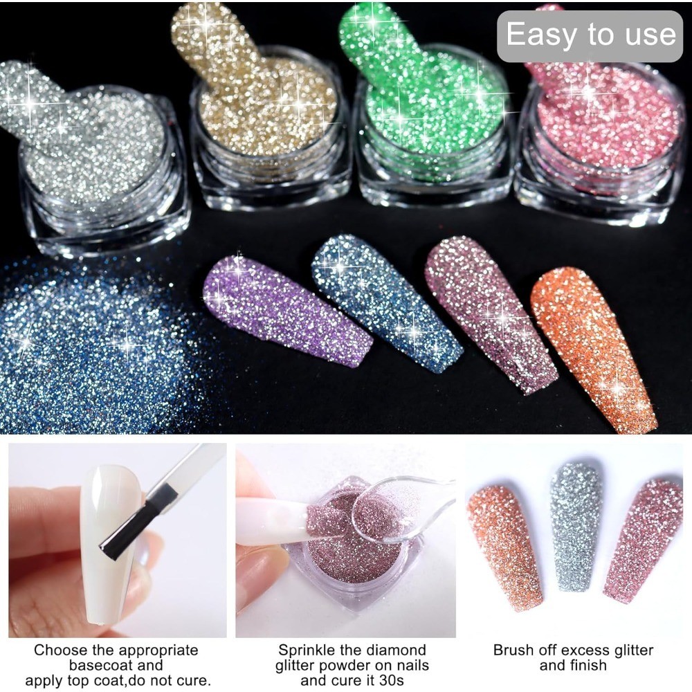 Reflective Glitter Powder Set 8 Colors Shiny Diamond Nail Art Dust Dipping