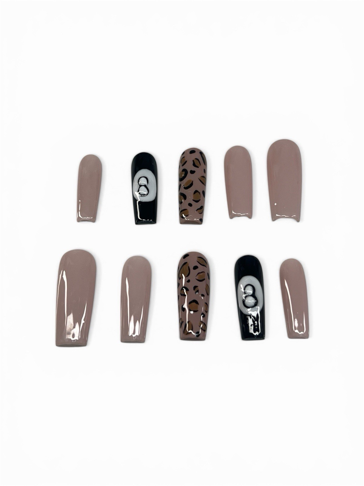 Long Square Press-On Nails Set Brown Black Beige Leopard Animal Shiny Full Cover