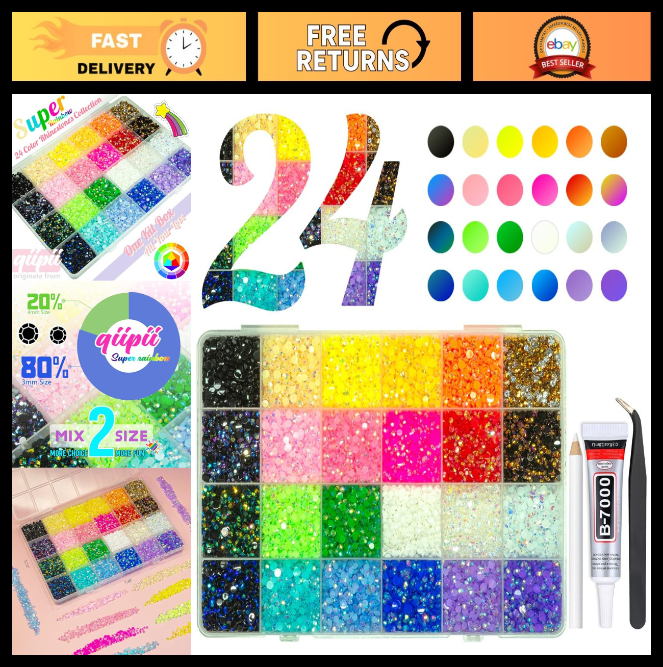 24 Color 20000PCS Jelly Resin Rhinestones & B7000 Glue for Crafting, Nails & Mak