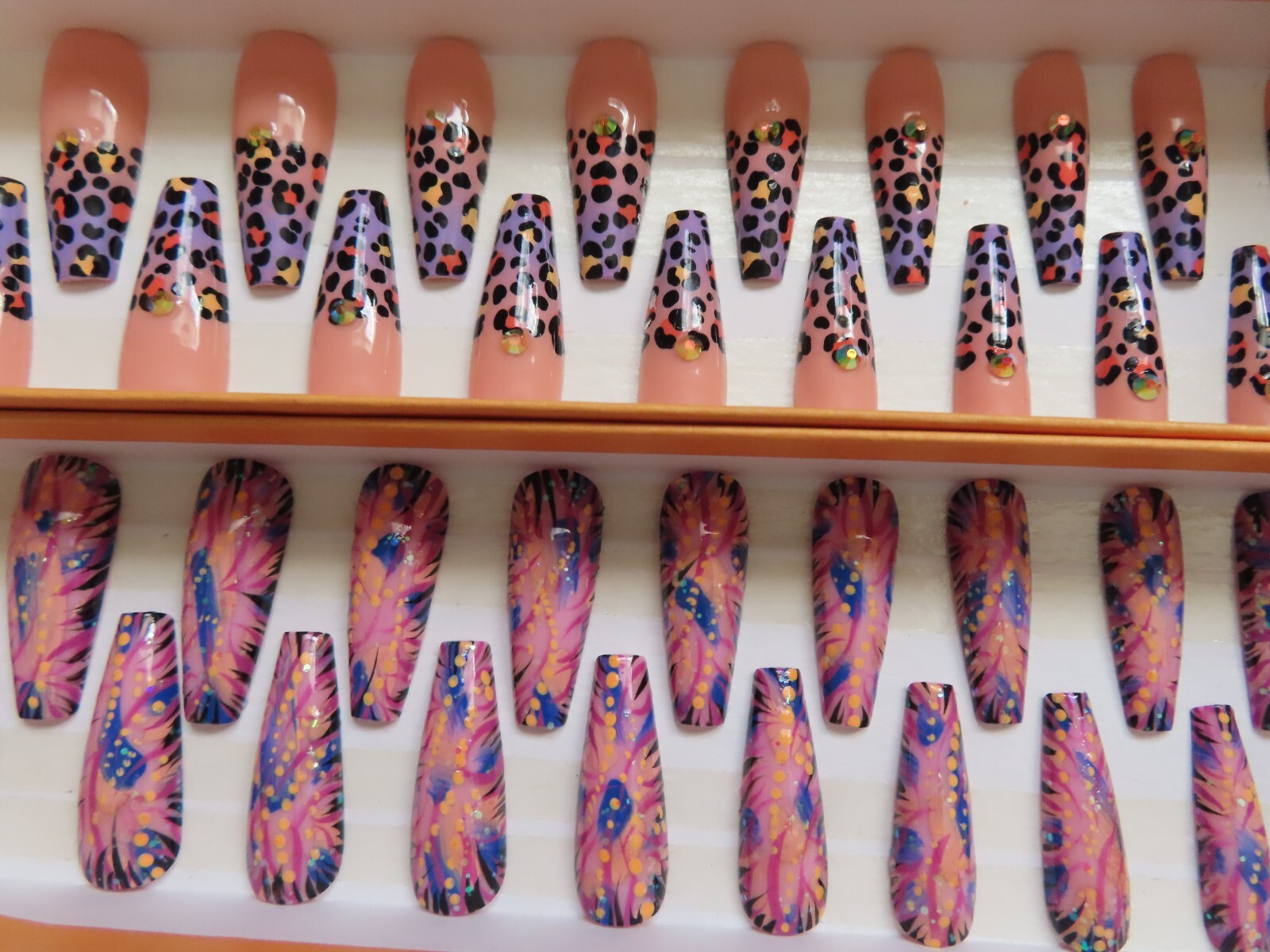 (2) Sets Purple Leopard Nude Tip | Pink Blk Abstract Coffin Press-On Nails