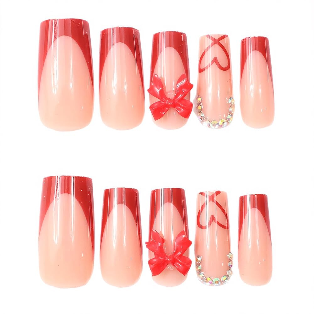 24PCS French Tip Acrylic Press on Nails for Girls, Square 3D Pink Bow Fake St…