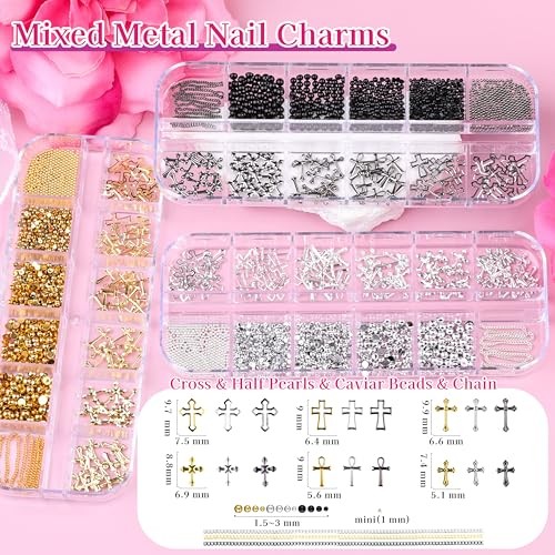 6 Boxes Gold Silver Star Nail Charms, 3D Metal Cross Nail Art Studs Gold