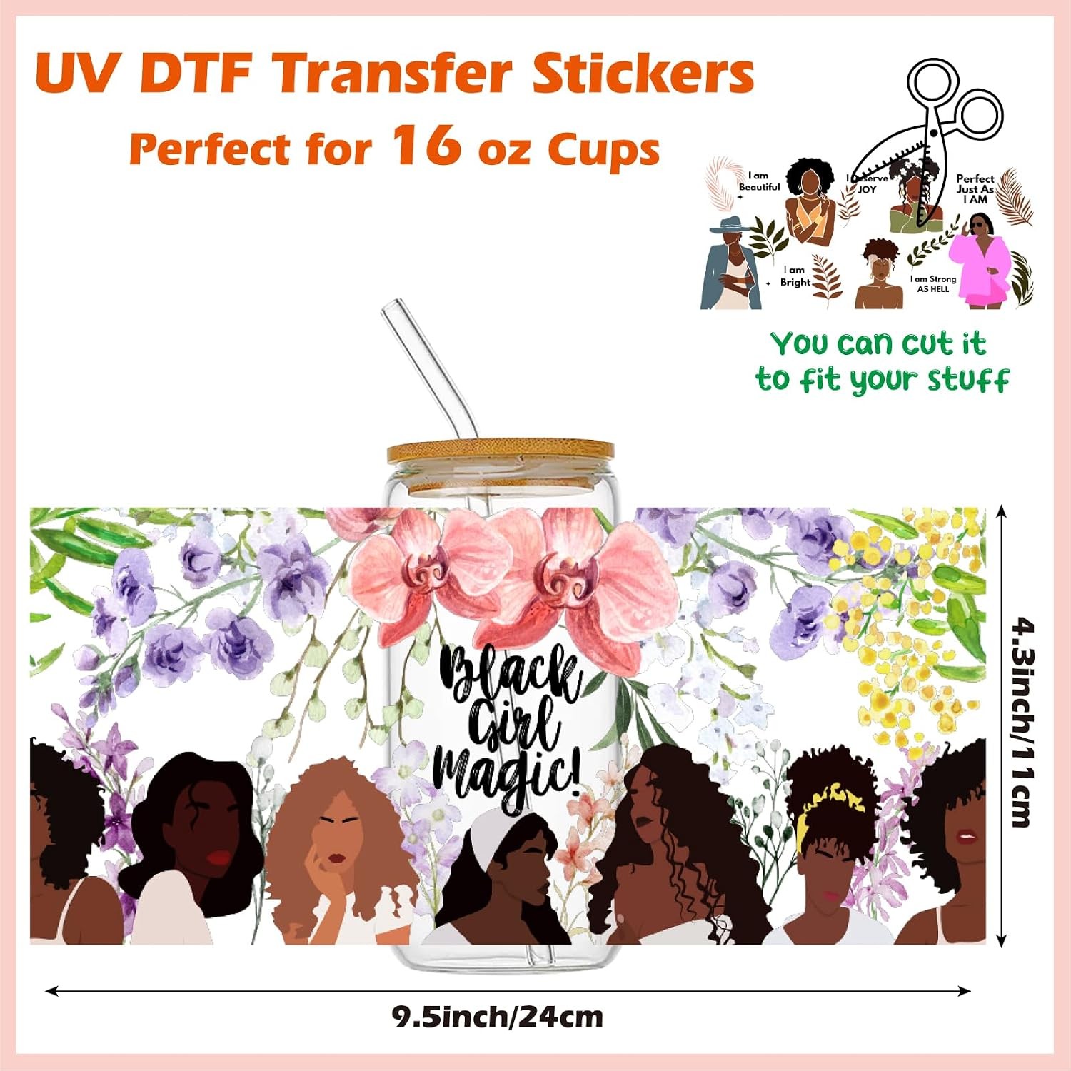 UV DTF Cup Wraps for Glass Cups 16 oz, 10 Sheets Cup Rub on Transfers for Crafts