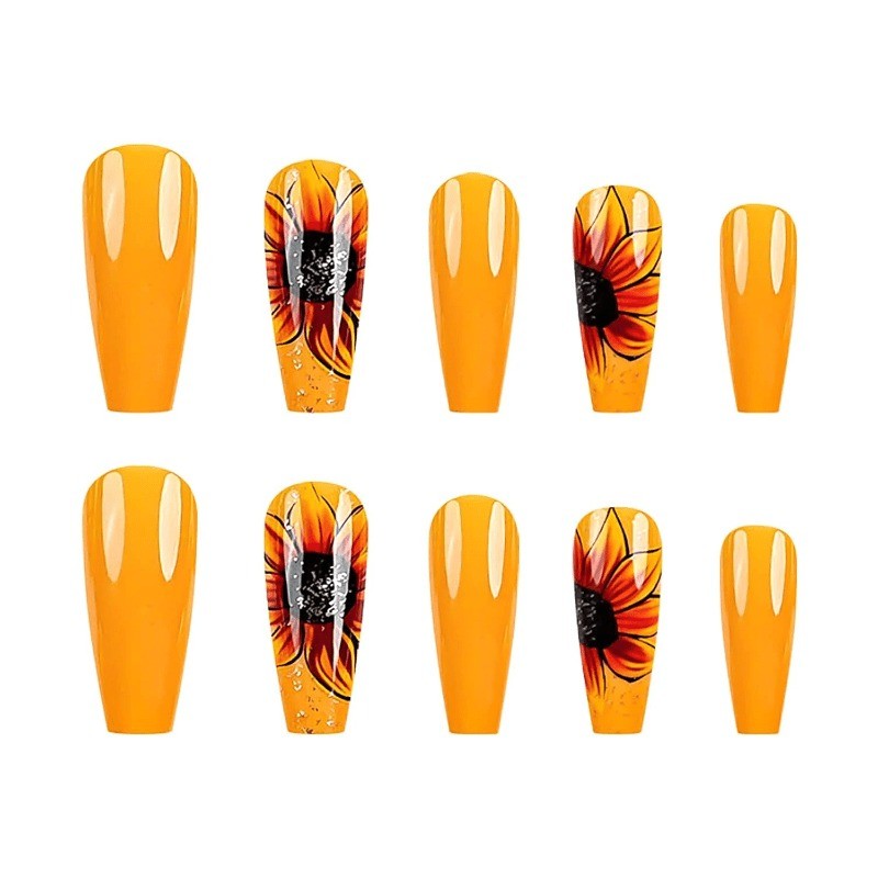 48 Warm Sunflower Hand Drawn Fake Nails – Removable Fake Nail Art