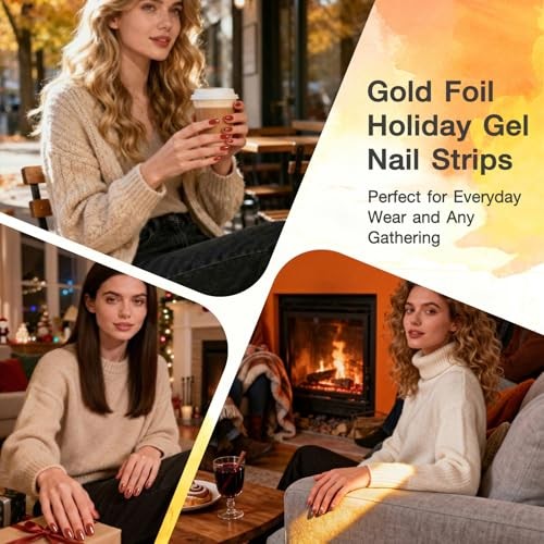 3pcs Semi Cured Gel Nail Strips Burgundy Red with Gold Gilded Burgundy