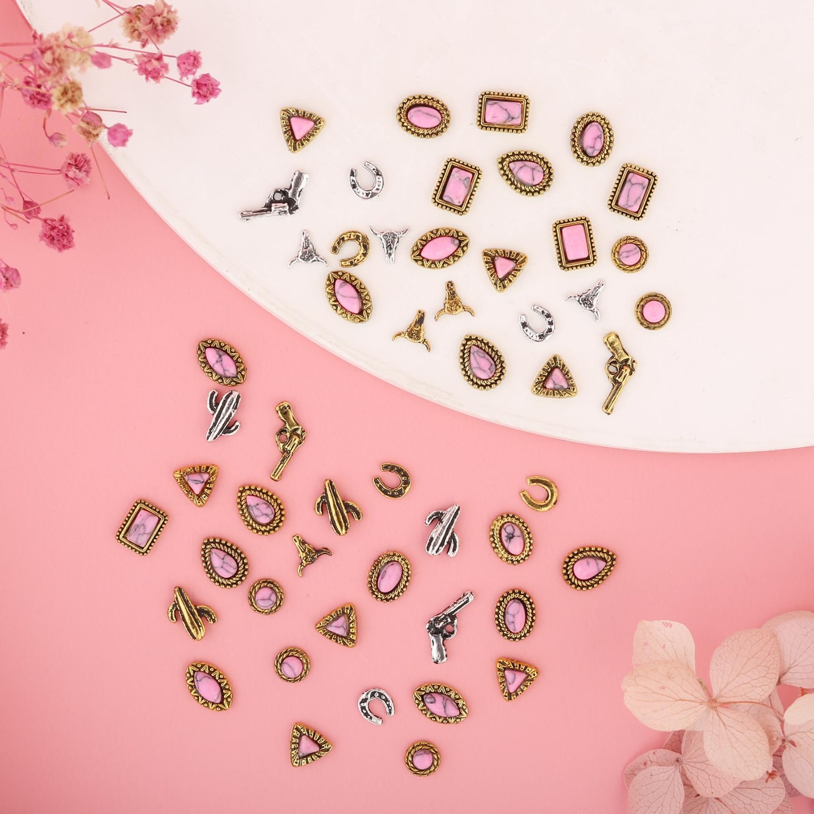 50 PCS Western Nail Charms – Pink Turquoise 3D Gems, Retro Cowgirl Jewelry Gifts