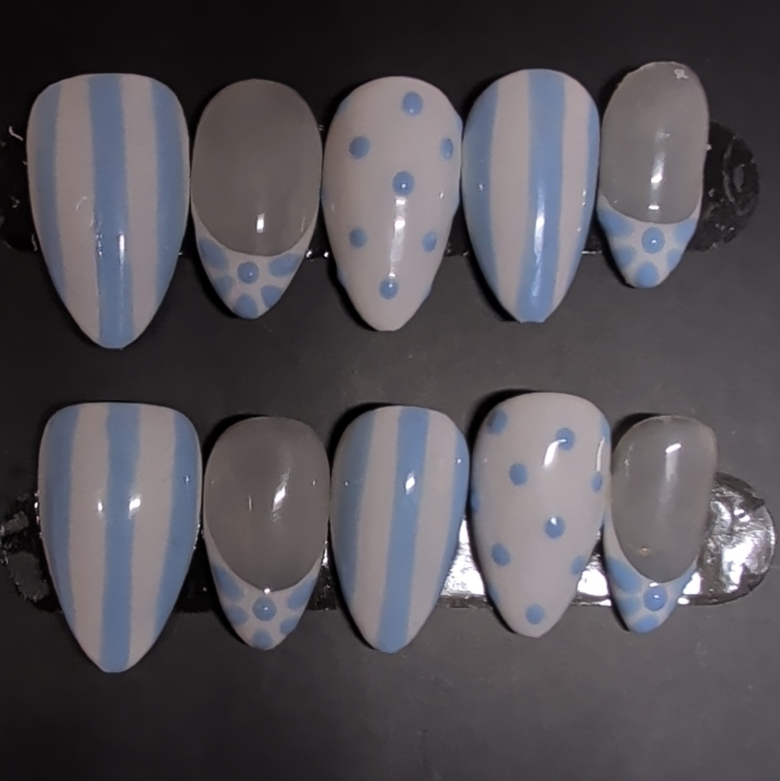 10 Piece Medium Almond Press-On Nails, Full Cover Shiny Blue White Polka!