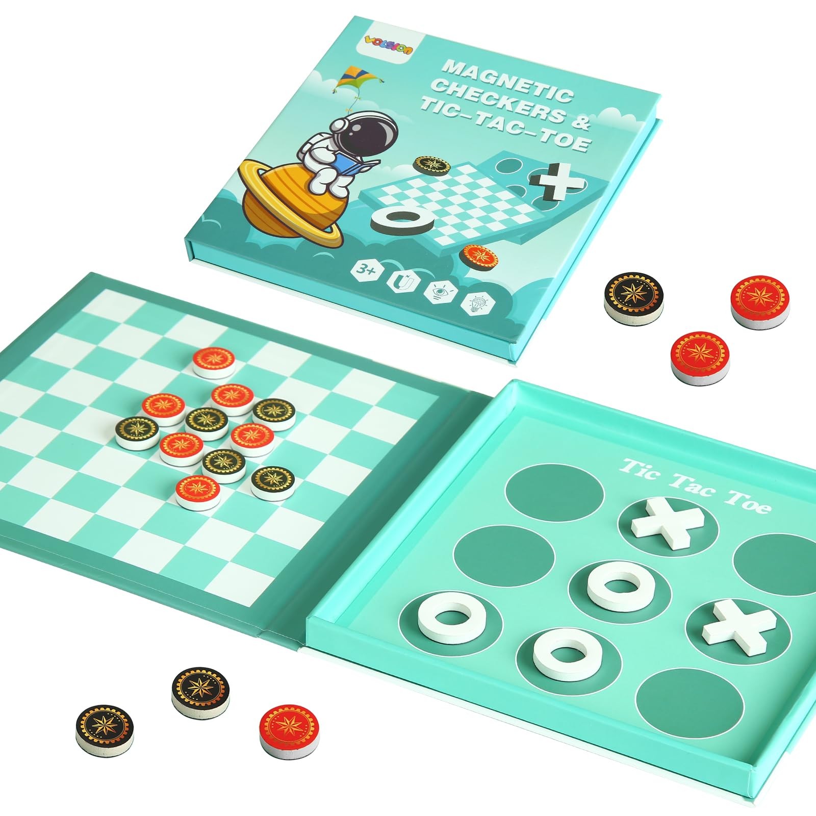 2-in-1 Magnetic Checkers & Tic-Tac-Toe Board Game | Portable,
