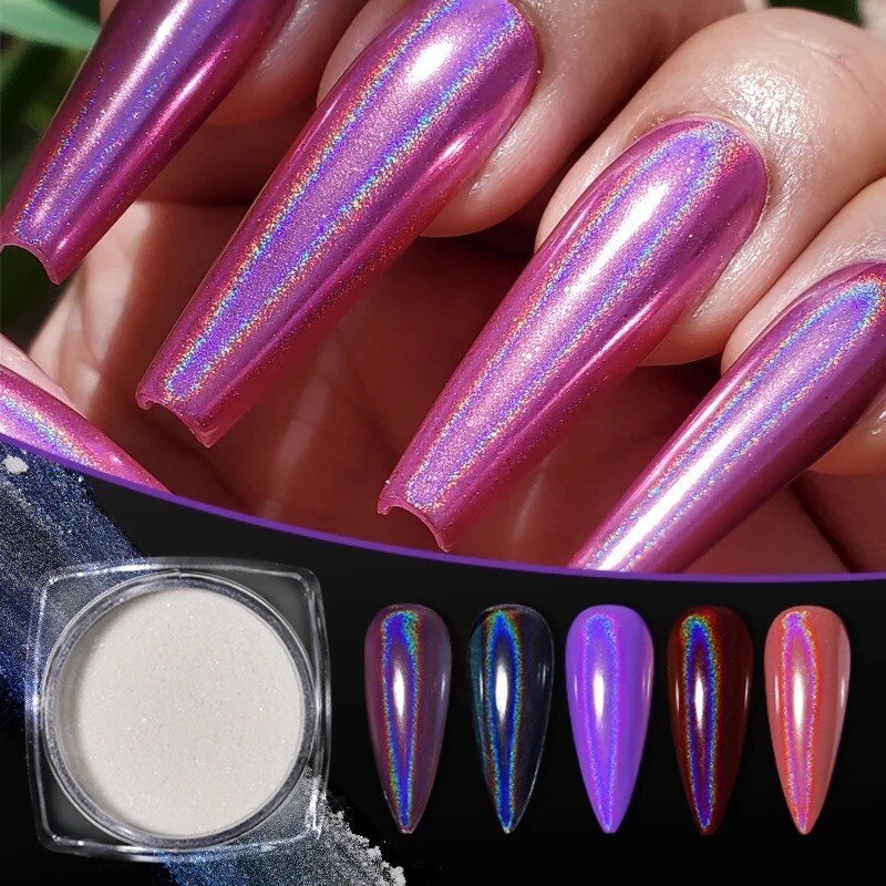 White Holographic Nail Chrome Powder Transparent Effect Clear Unicorn Rainbow