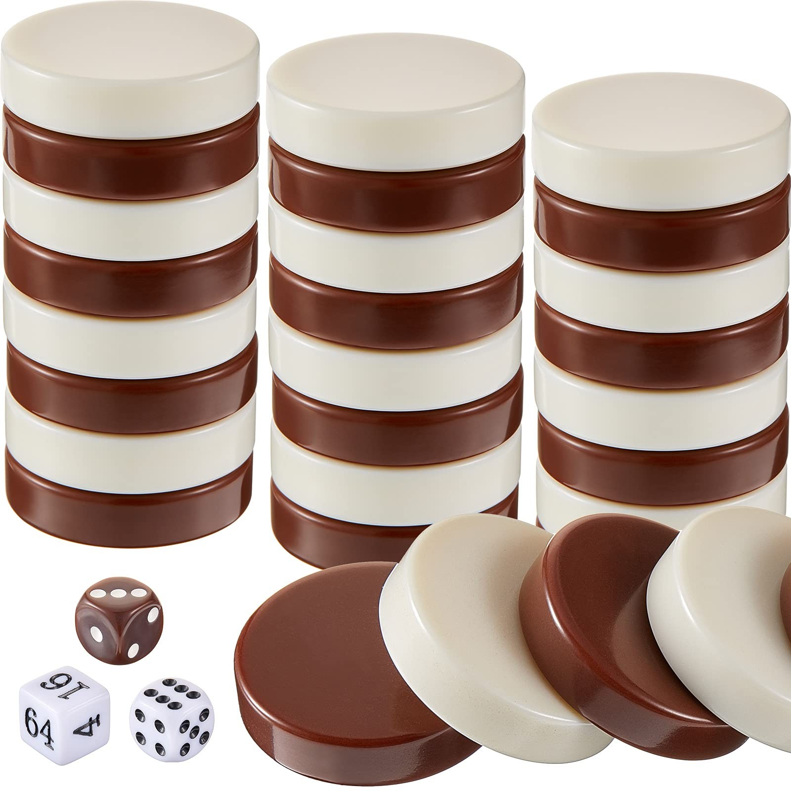 Skylety 30 Pcs Backgammon Pieces 1.25 inches, Beige, White and Brown