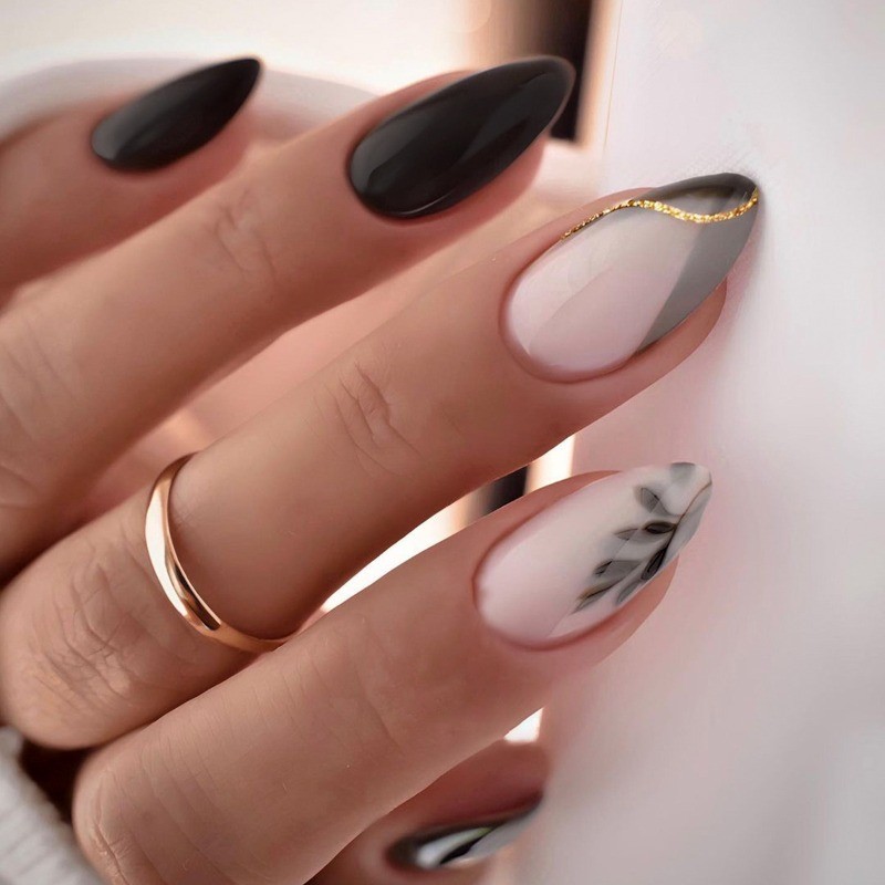 48Pcs-Black Nude Gold Line Press on Nails Glossy Long Almond Nail Art Set