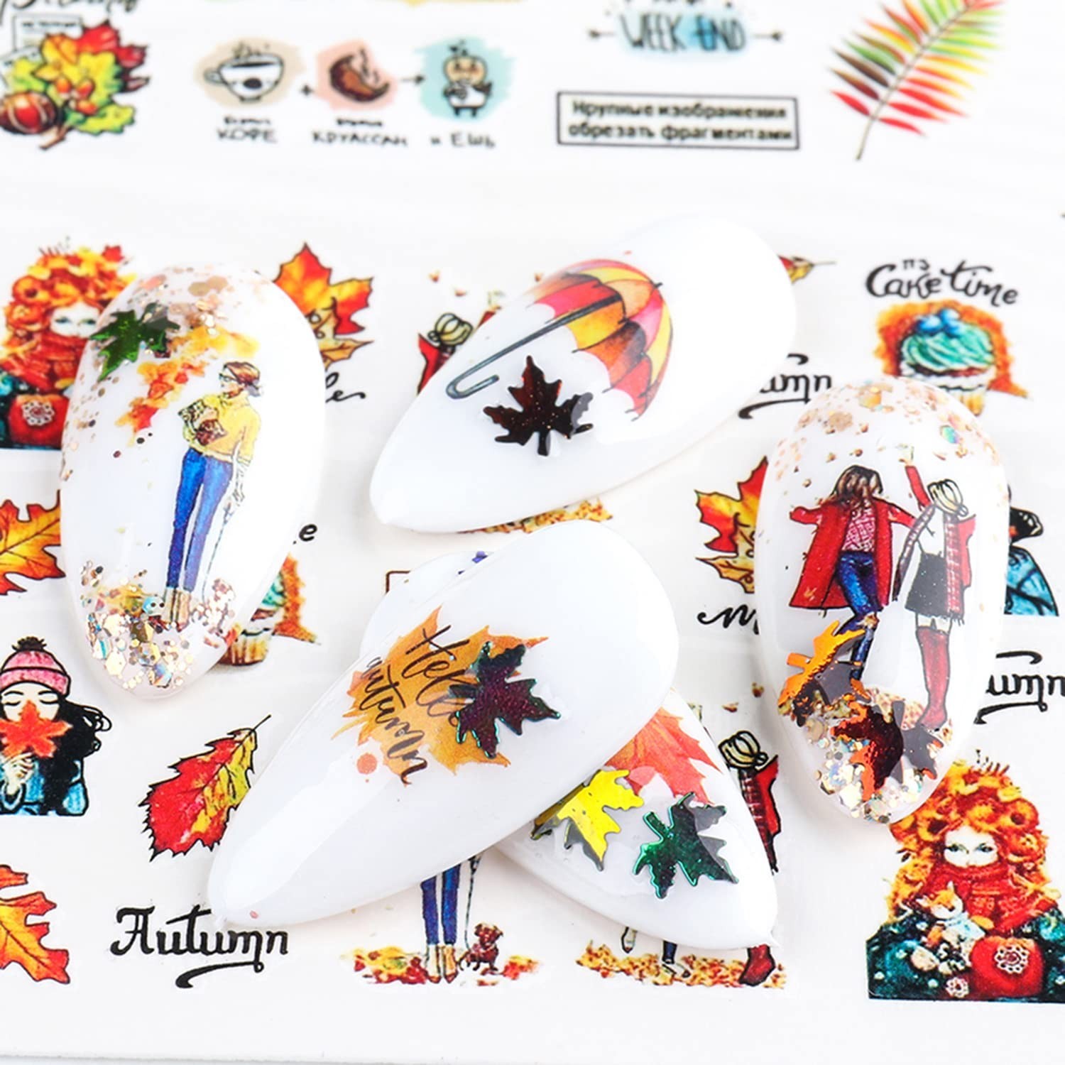 24 Sheets Fall Nail Art Decals, Holographic Autumn Leaf Water Transfer Decal …