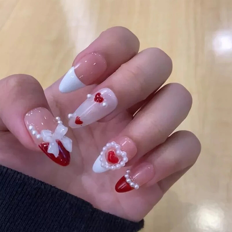 Handmade French ‌Red Heart 3D Bow Pearl False Nail Medium Almond Press On Nail