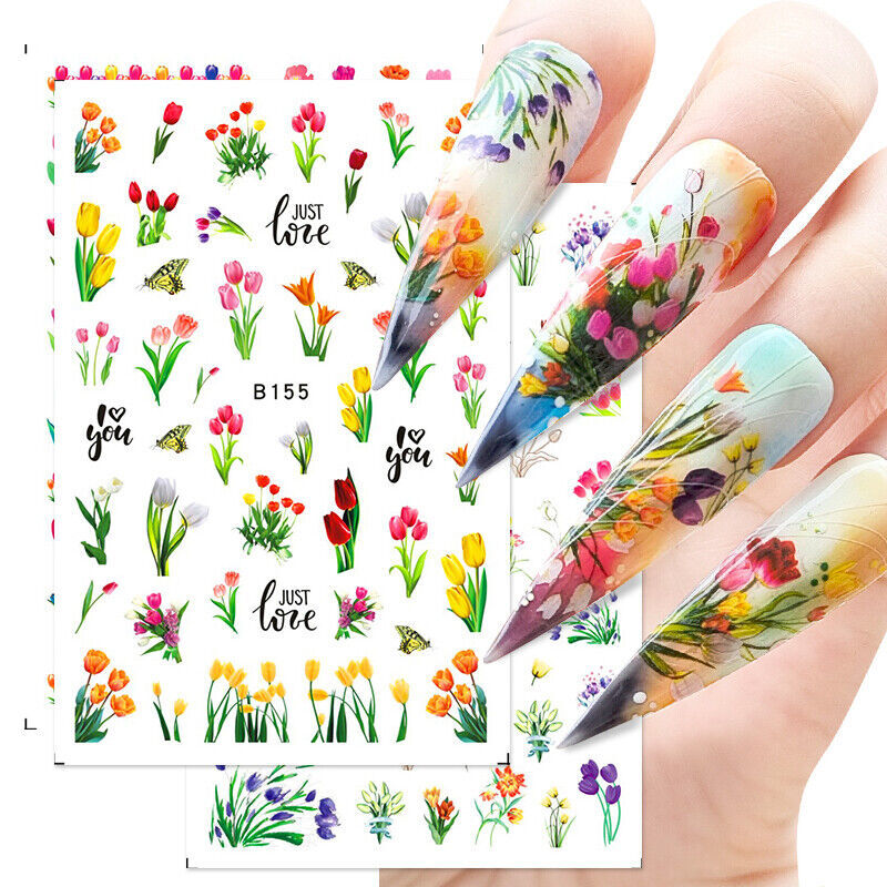 3D Nail Art Stickers Transfers Decals Spring Flowers Floral Fern Tulips DIY NS41