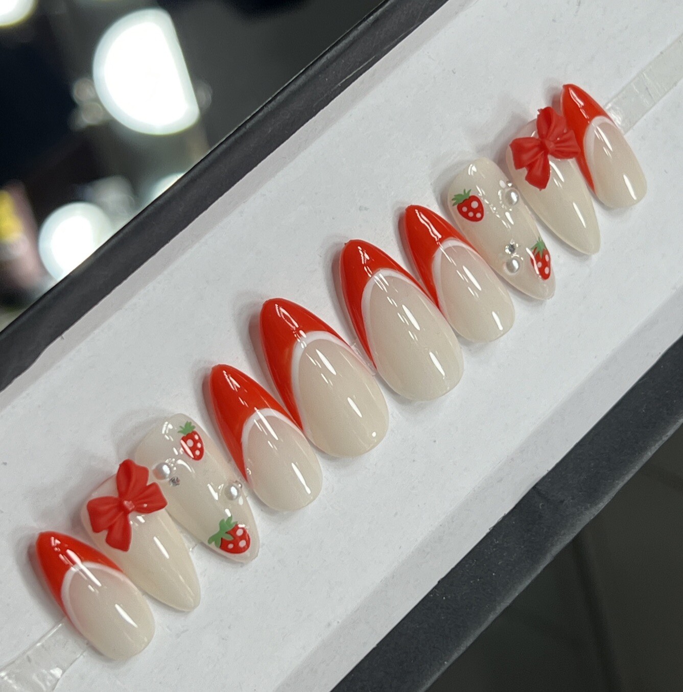 🍓 CUSTOM Hard Gel Press On False Nails, Strawberry 10p Set Medium Almond W Kit