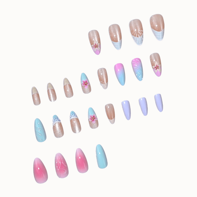 48pcs Stiletto Press on Nails, Pink Blue Swirl 3D White Flower Gloss Nails