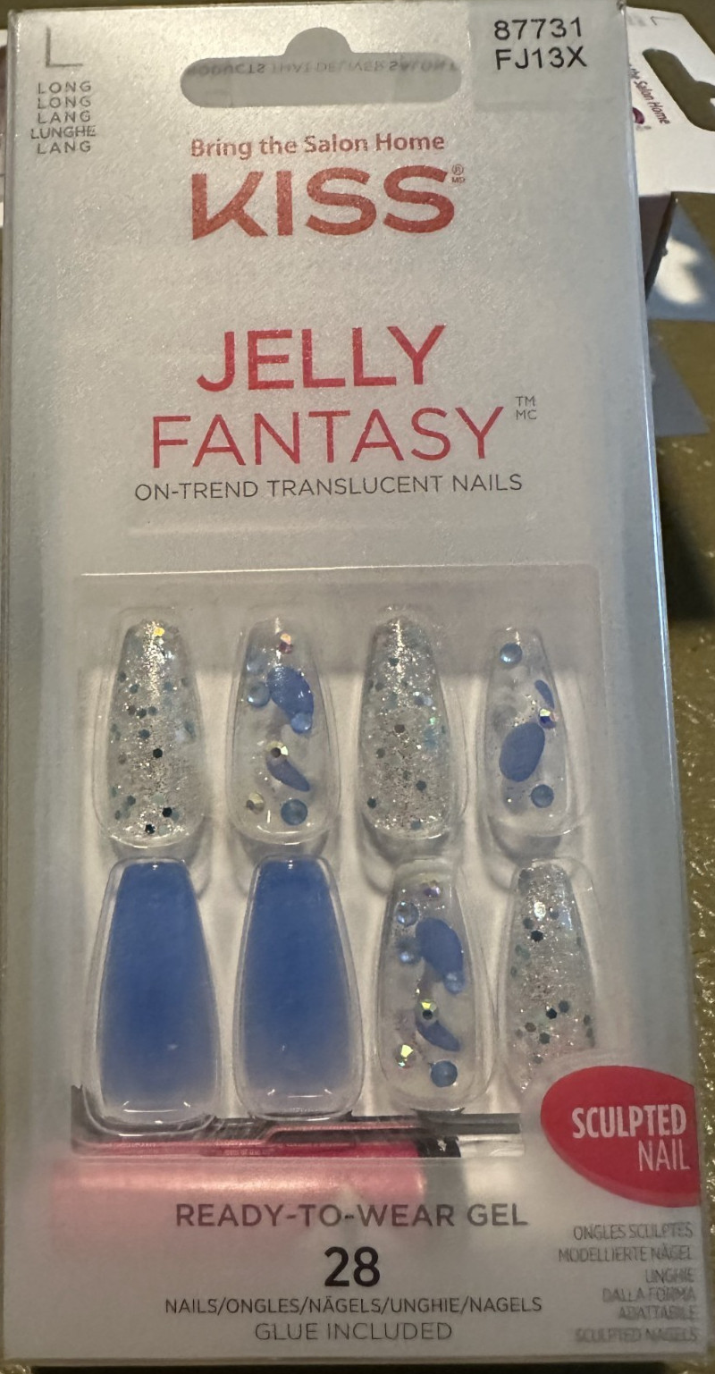 Kiss Nails Jelly Glue Sculpted shape Long Clear blue Glitter Jewel Sculpted