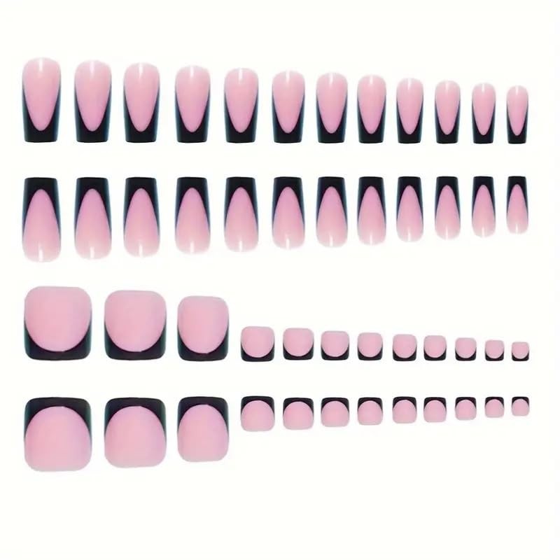 NHIXK 60Pcs Black French Tip Press on Nails & Standard, Color02