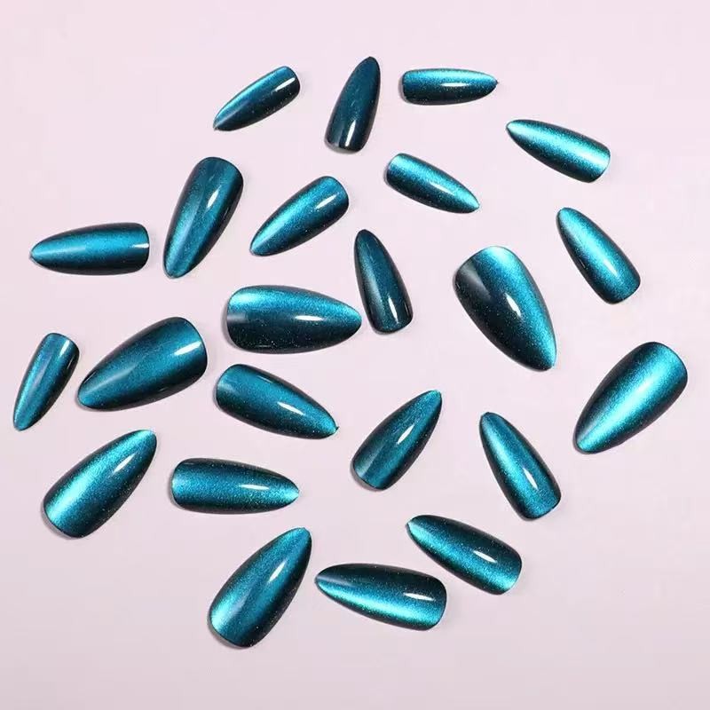 48Pcs-Long Stiletto Teal Blue Cat Eye Glossy Press on Nails Luxury Solid Color