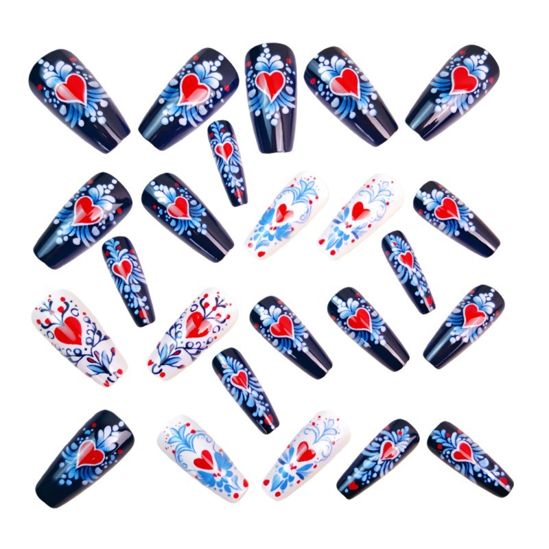 48 Pcs of Valentine’s Day Blue Heart-shaped Long Ballet Nail Fashion Fake Nail