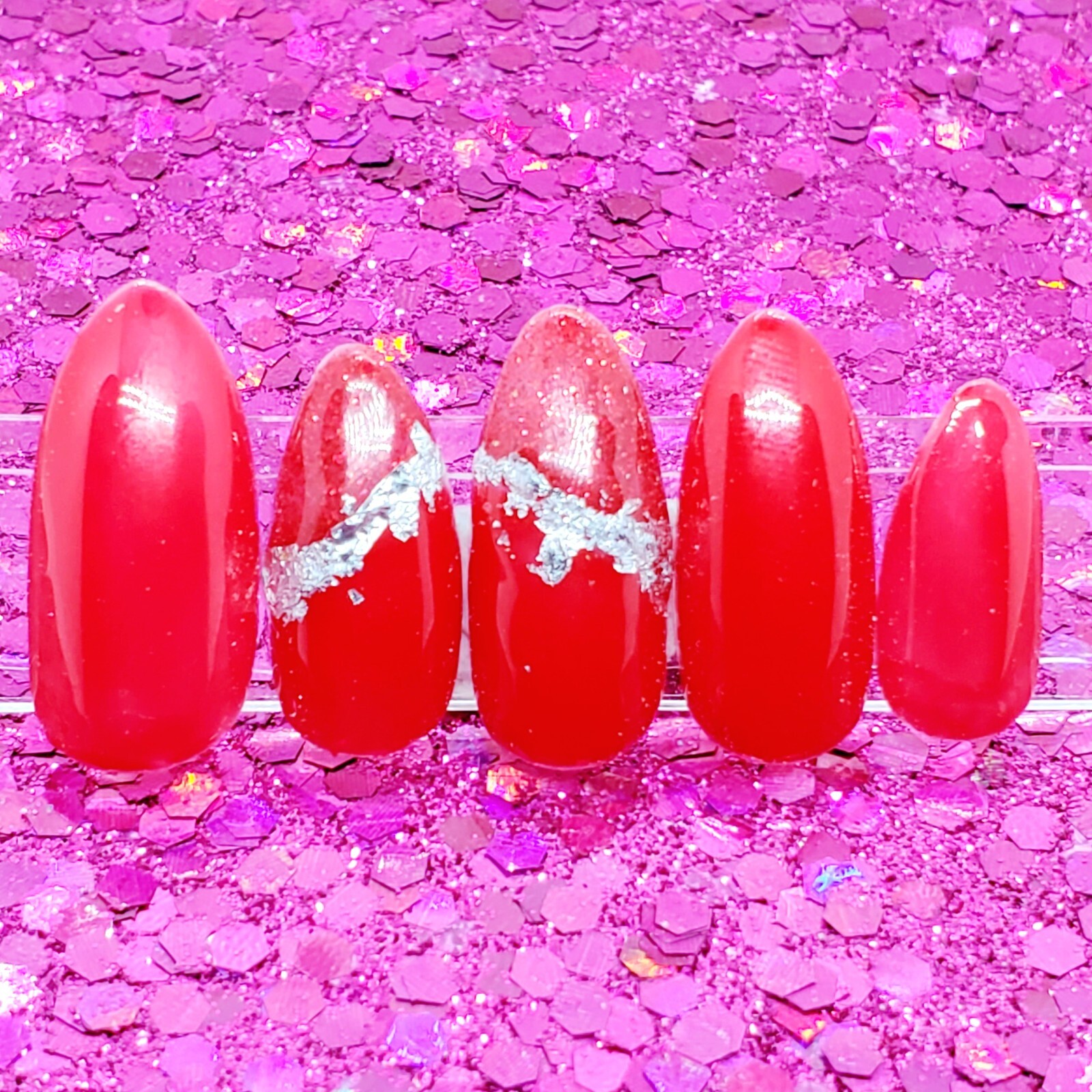 Red Glitter Silver Foil Outline Short Stiletto Press On Nails Handmade Hard Gel